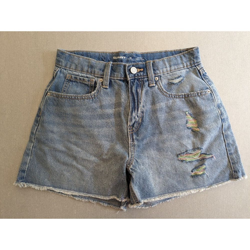 Old Navy Shorts 28" Adjustable Waist Light Denim High Rise Frayed Ripped‎